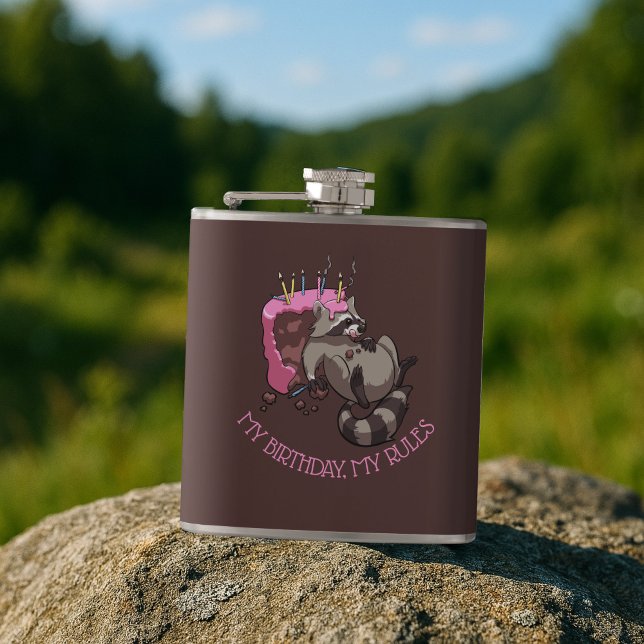 Greedy Racoon Full of Birthday Cake Cartoon Hip Flask (Creator Uploaded)