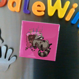 Greedy Racoon Full of Birthday Cake Cartoon Magnet