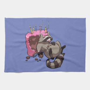 Greedy Racoon Full of Birthday Cake Cartoon Tea Towel