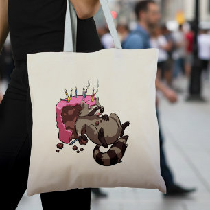 Greedy Racoon Full of Birthday Cake Cartoon Tote Bag