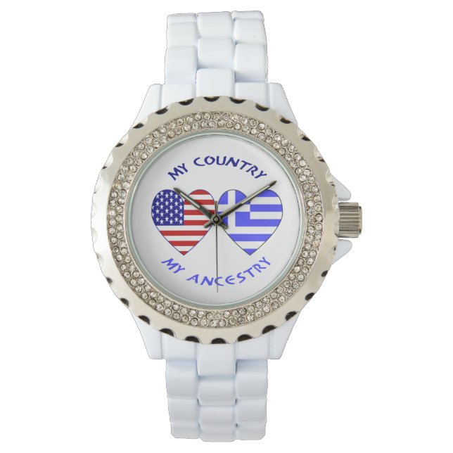 Greek and USA Flags Hearts Country Ancestry Watch (Front)