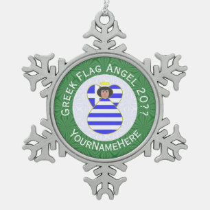 Greek Angel Black Hair Christmas Flag Personalised Snowflake Pewter Christmas Ornament