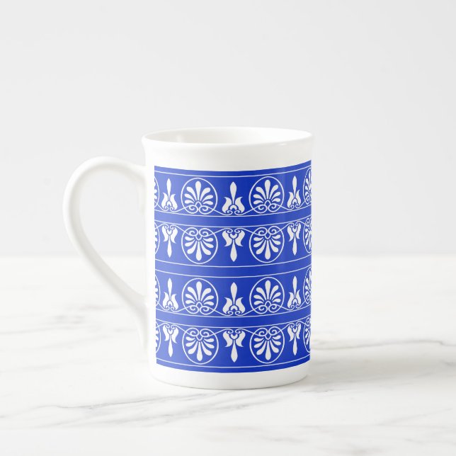 Greek Arabesque Mediterranean Pattern Blue Bone China Mug (Left)