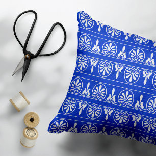Greek Arabesque Mediterranean Pattern Blue Decorative Cushion