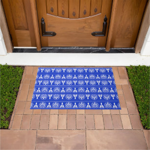 Greek Arabesque Mediterranean Pattern Blue Doormat