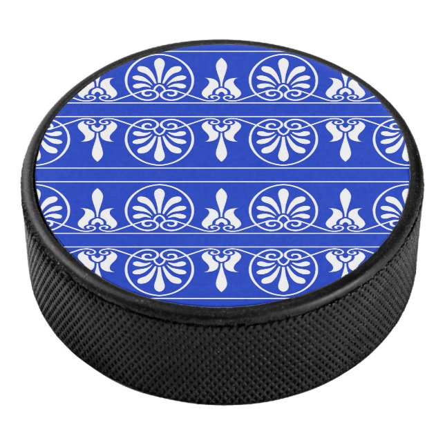 Greek Arabesque Mediterranean Pattern Blue Hockey Puck (3/4)