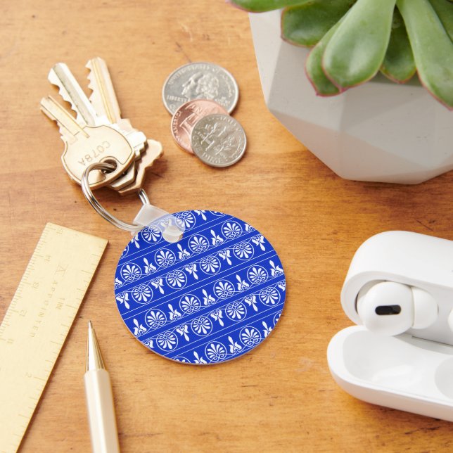 Greek Arabesque Mediterranean Pattern Blue Key Ring (Desk)