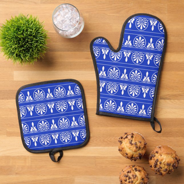 Greek Arabesque Mediterranean Pattern Blue Oven Mitt & Pot Holder Set (Top Down)