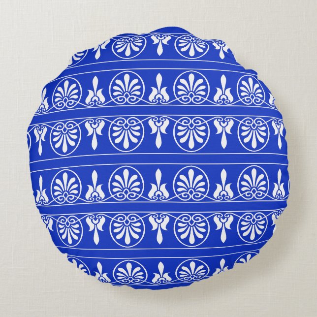 Greek Arabesque Mediterranean Pattern Blue Round Cushion (Back)