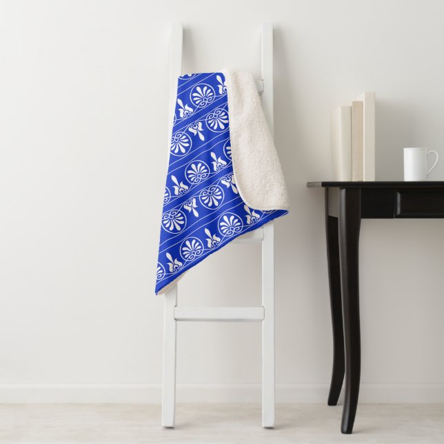 Greek Arabesque Mediterranean Pattern Blue Sherpa Blanket (In Situ)