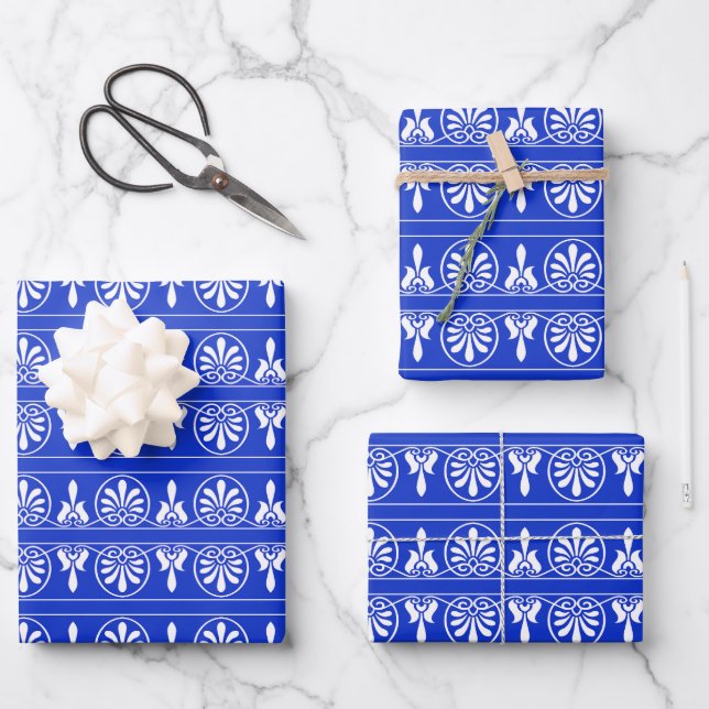 Greek Arabesque Mediterranean Pattern Blue Wrapping Paper Sheet (Front)