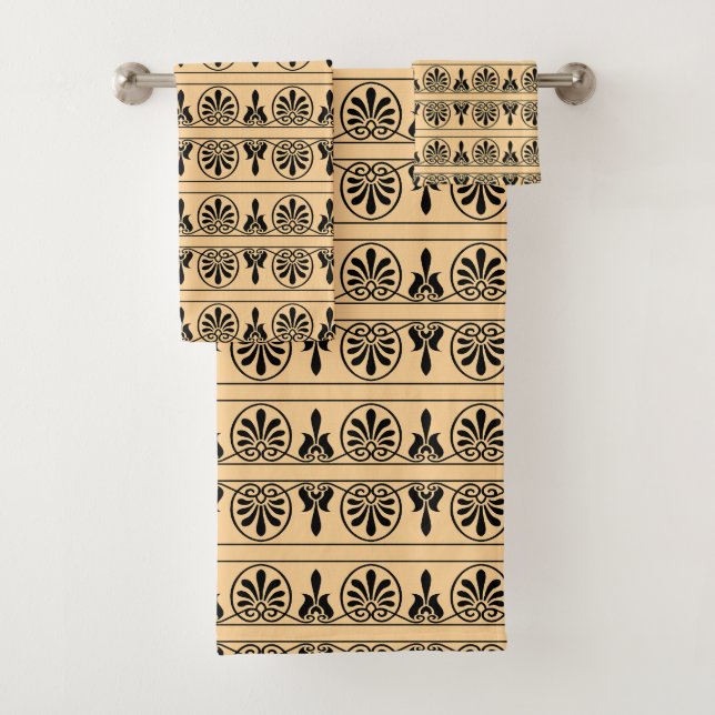 Greek Arabesque Mediterranean Pattern Brown Bath Towel Set (Insitu)
