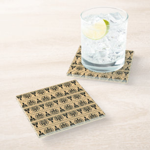 Greek Arabesque Mediterranean Pattern Brown Glass Coaster