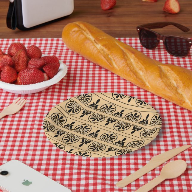 Greek Arabesque Mediterranean Pattern Brown Paper Plate (Picnic)