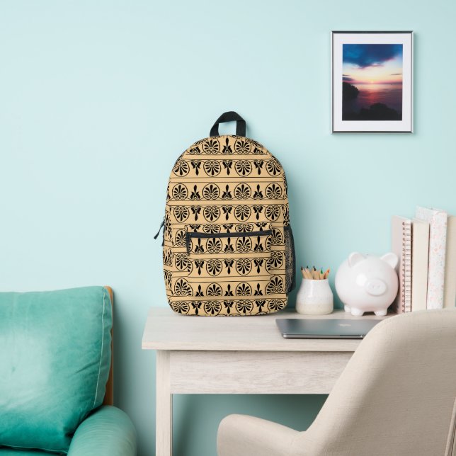 Greek Arabesque Mediterranean Pattern Brown Printed Backpack (Insitu)