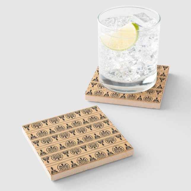 Greek Arabesque Mediterranean Pattern Brown Stone Coaster (Side)
