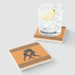 Greek Athletes Wrestling Orange Stone Coaster