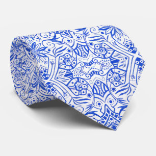 Greek Baroque Arabesque Pattern Azure Blue White Tie