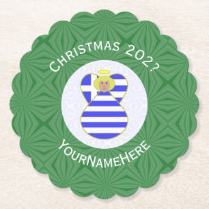 Greek Blonde Angel Christmas Flag Personalised Paper Coaster