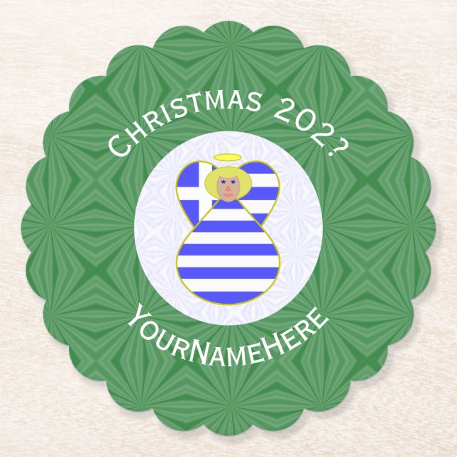 Greek Blonde Angel Christmas Flag Personalised  Paper Coaster (Front)