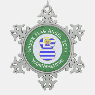 Greek Blonde Angel Christmas Flag Personalised Snowflake Pewter Christmas Ornament