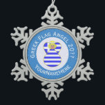 Greek Blonde Angel Hanukkah Flag Personalised  Snowflake Pewter Christmas Ornament<br><div class="desc">A special design, intended for families of multiple religions, featuring a blonde haired angel wearing the flag of Greece with Hanukkah colours on a pewter snowflake Christmas ornament. She flies in a white circle of squiggly squares. White letters read GREEK FLAG ANGEL 20?? and, also, have a space for your...</div>