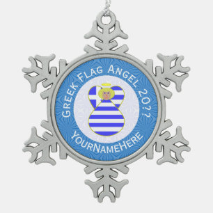 Greek Blonde Angel Hanukkah Flag Personalised Snowflake Pewter Christmas Ornament