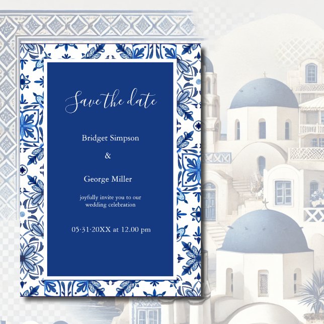 Greek Blue and White Elegant Wedding Save the Date Invitation (Creator Uploaded)