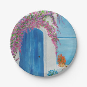 Greek Blue Door Paper Plate