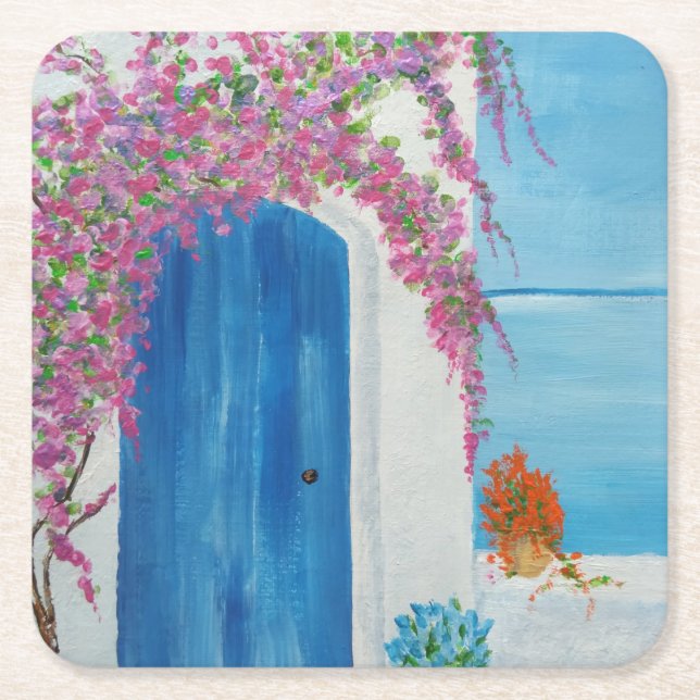 Greek Blue Door Square Paper Coaster (Front)