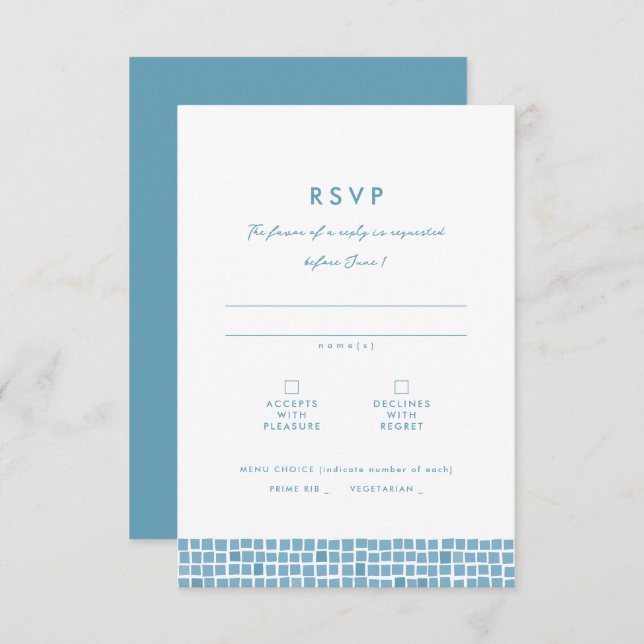 Greek blue tile frame simple destination wedding RSVP card (Front/Back)