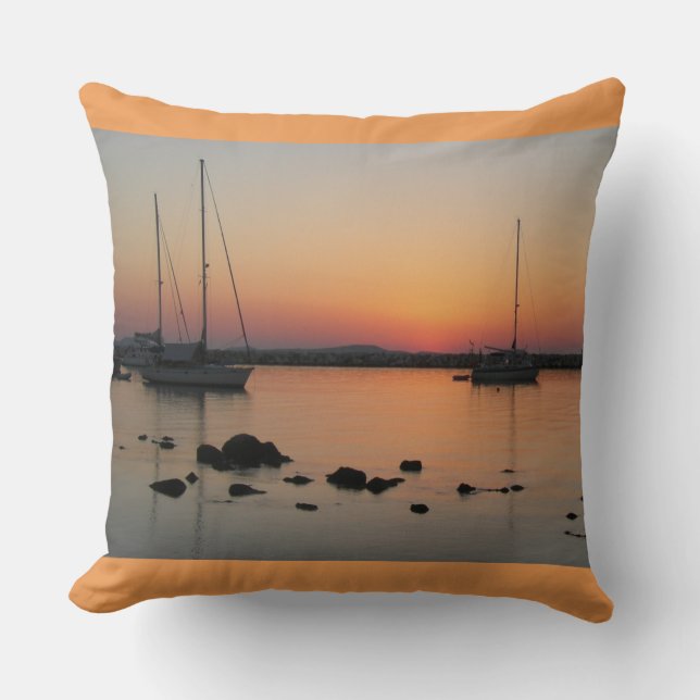Greek Boats at Cyclades Sunset Throw Pillow (Front)