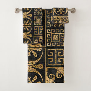 Greek Broken Tile Mosaic Black and gold Bath Towel Set