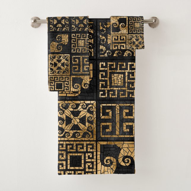 Greek Broken Tile Mosaic Black and gold Bath Towel Set (Insitu)
