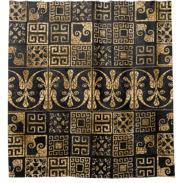 Greek Broken Tile Mosaic Black and gold Shower Curtain (Front)