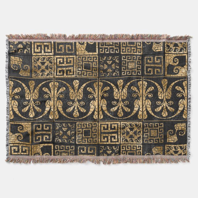Greek Broken Tile Mosaic Black and gold Throw Blanket (Front)