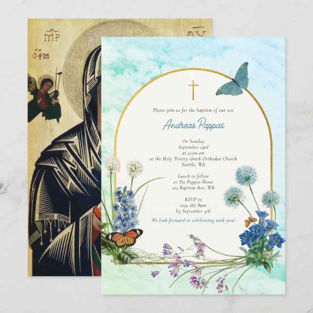 Greek Christening Baptism Blue Marble Wildflower Invitation (Front/Back)