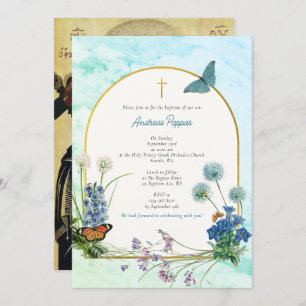 Greek Christening Baptism Blue Marble Wildflower Invitation