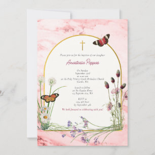 Greek Christening Baptism Pink Marble Wildflower Invitation