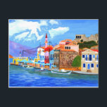 Greek coast postcard<br><div class="desc">Mykonos is a Greek island,  part of the Cyclades,  lying between Tinos,  Syros,  Paros and Naxos,  where tourism is a major industry. Mykonos is particularly renowned for its cosmopolitan nightlife; many international celebrities visit the island every summer.</div>