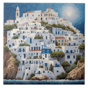 Greek Coastal Village Greece Sea Mountain Houses Ceramic Tile