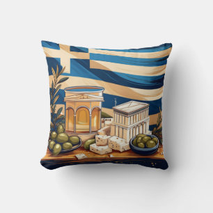 Greek Cultural Design with Olives and Flag Cushion
