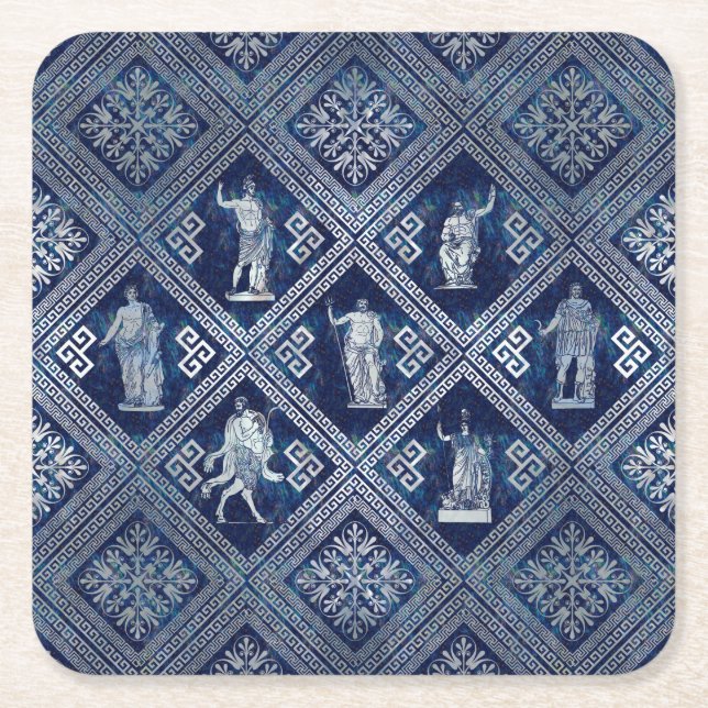 Greek Deities and Meander Key ornament Square Paper Coaster (Front)