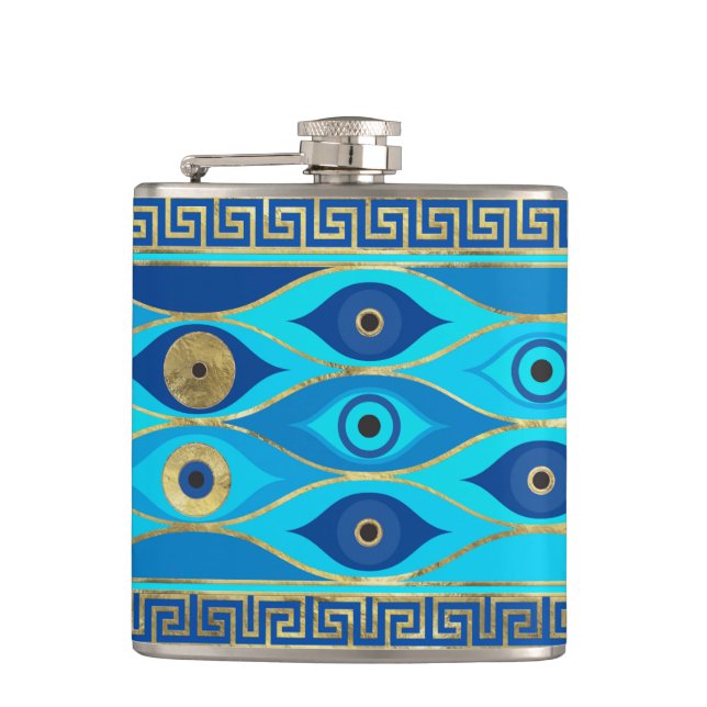 Greek Evil Eye and Greek Key ornament Hip Flask (Front)
