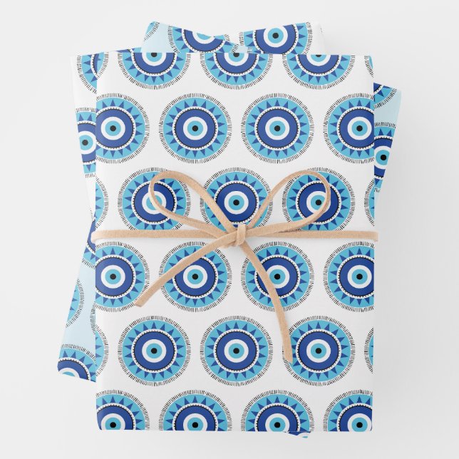 Greek Evil Eye Blue White Wrapping Paper Sheet (In situ)