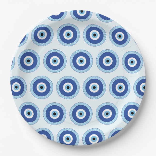 Greek Evil Eye In Greek Key Paper Plate (Front)
