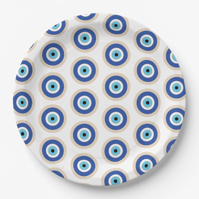 Greek Evil Eye In Greek Key Paper Plate (Front)