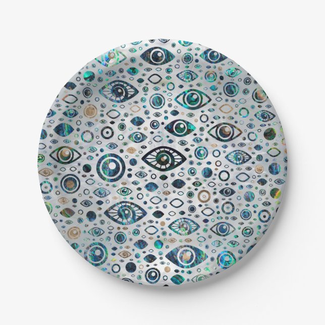 Greek Evil Eye pattern Abalone shell and gold Paper Plate (Front)