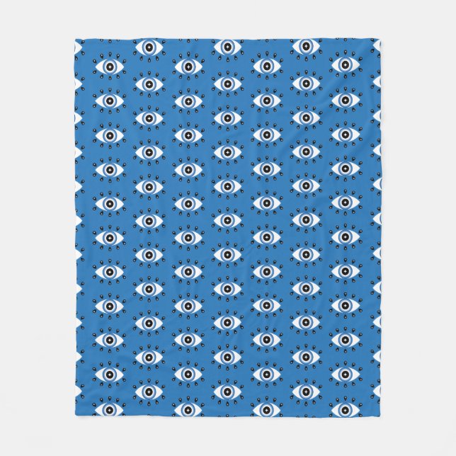 Greek Evil Eye Pattern Blue Black White Fleece Blanket (Front)