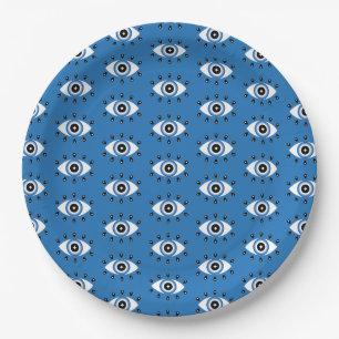 Greek Evil Eye Pattern Blue Black White Paper Plate
